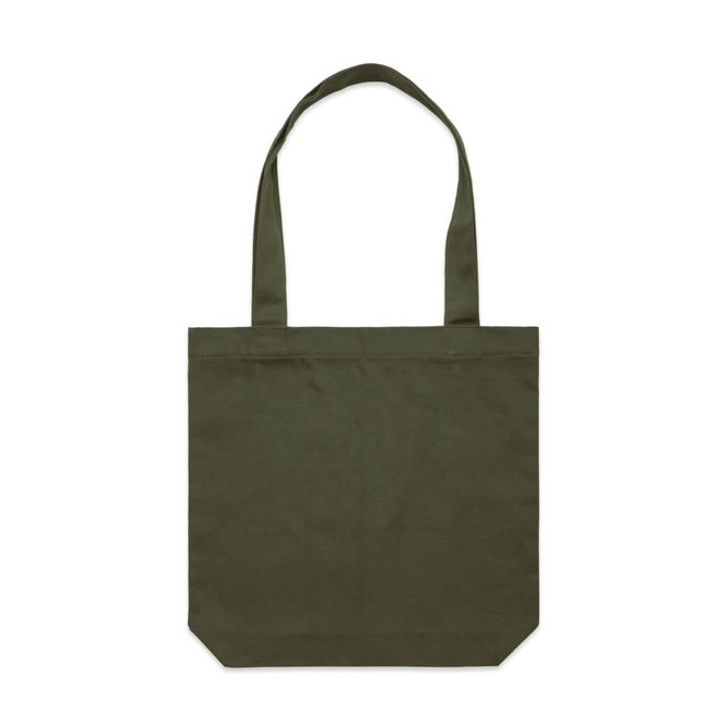 An olive green tote bag with two shoulder straps and a simple design. It features a brand logo.