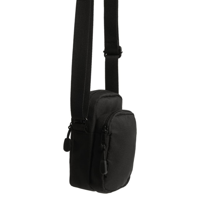 A black recycled camera bag with a shoulder strap and two zippered pockets. It features a brand logo.