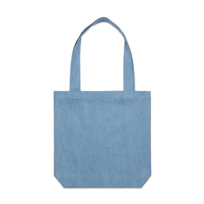 A light blue denim tote bag with two shoulder straps and a plain design. It features a logo on the side.