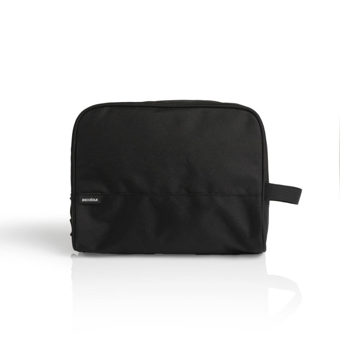 A black recycled toiletry bag featuring a handle and a logo. Ideal for organising personal items.