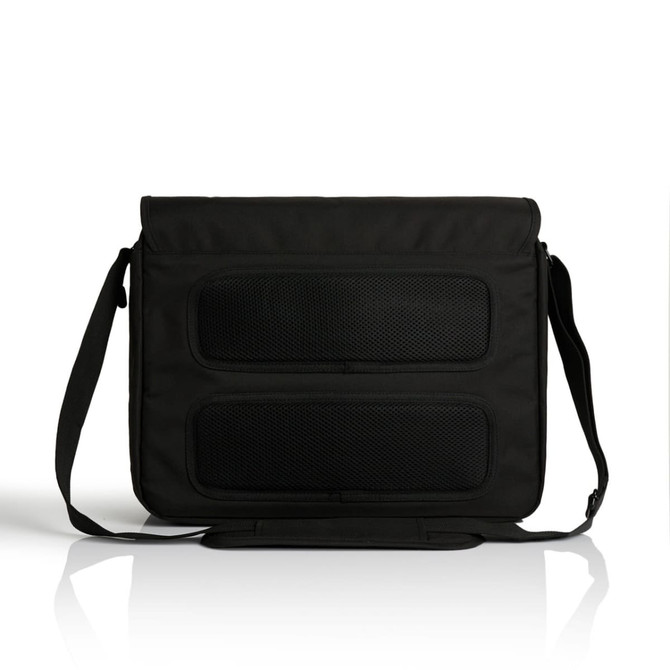 A black recycled messenger bag with two mesh compartments and an adjustable shoulder strap. Features a logo.