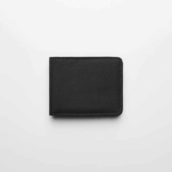 A black recycled fold wallet with a textured surface and a discreet logo.