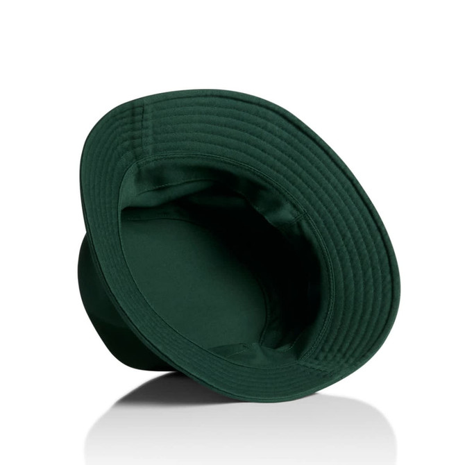 A green bucket hat with a wide brim and a smooth interior lining. The hat features a logo on the side.