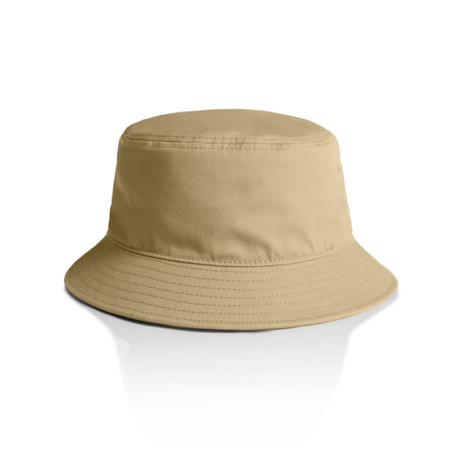 A khaki bucket hat with a wide brim and a simple design, featuring a logo on the side.