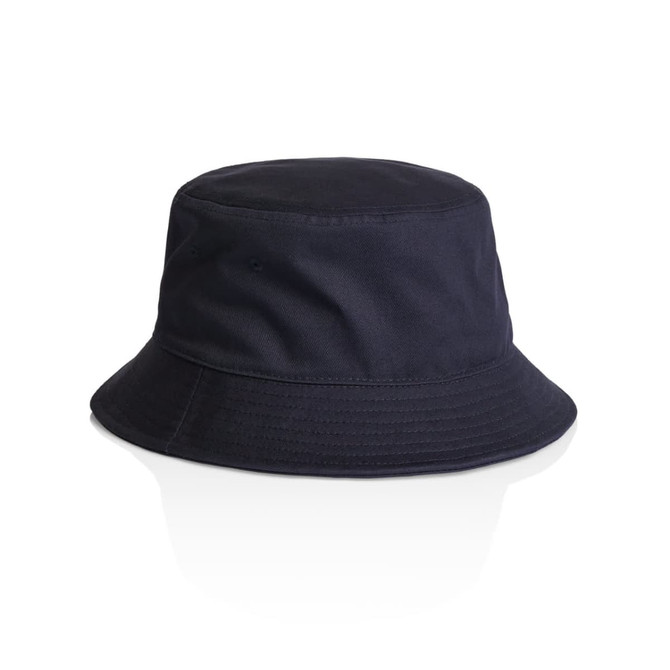 A navy bucket hat with a wide brim and a plain design, featuring a logo on the side.