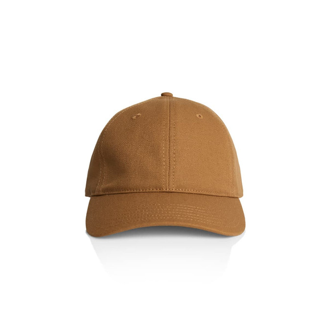A brown cap with a structured design, featuring a closed back and a small logo on the front.
