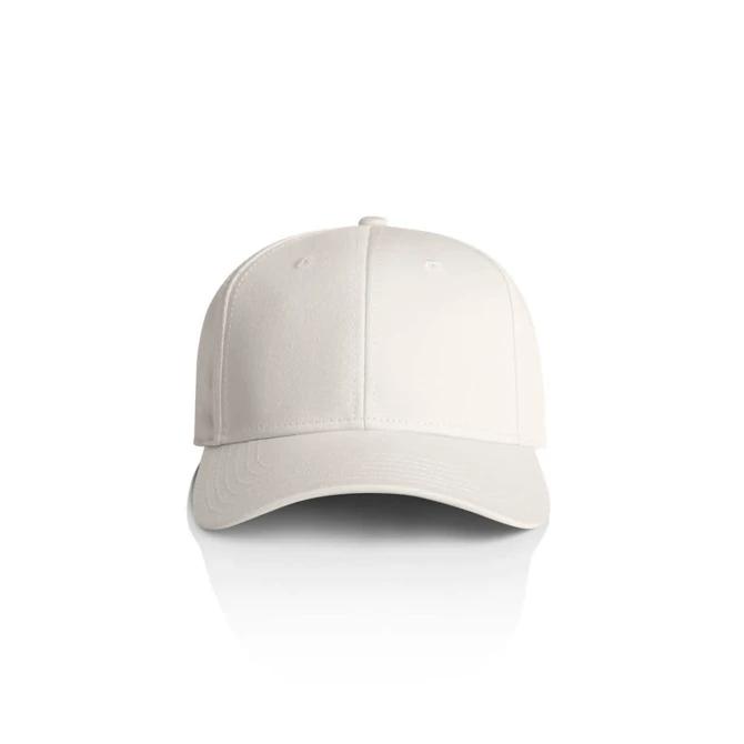 A white cap featuring a structured design and a logo on the front. Ideal for casual headwear.