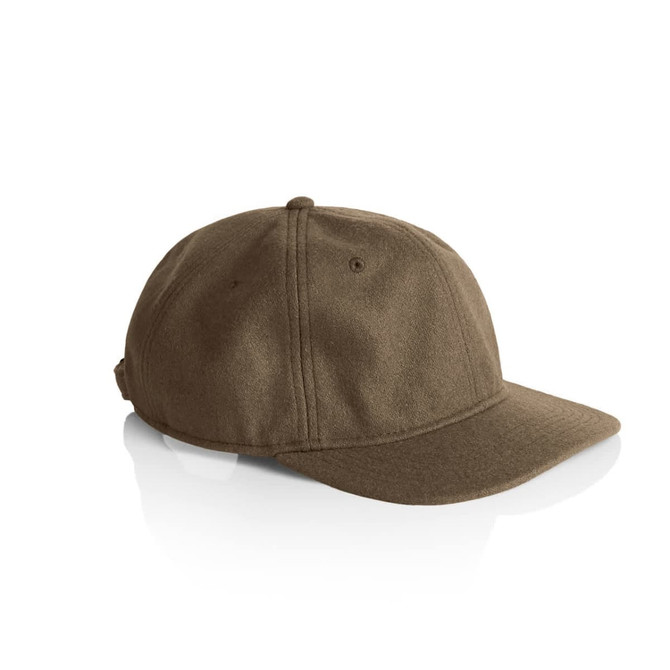 A brown wool cap featuring a curved brim and a logo on the side. Suitable for casual wear.