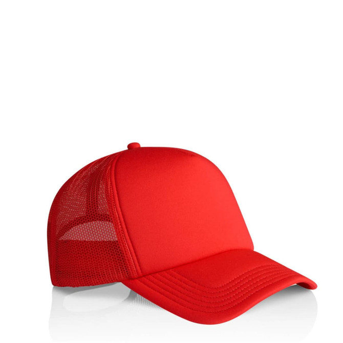 A red foam trucker cap featuring a solid front panel and mesh back. Includes a logo on the front.