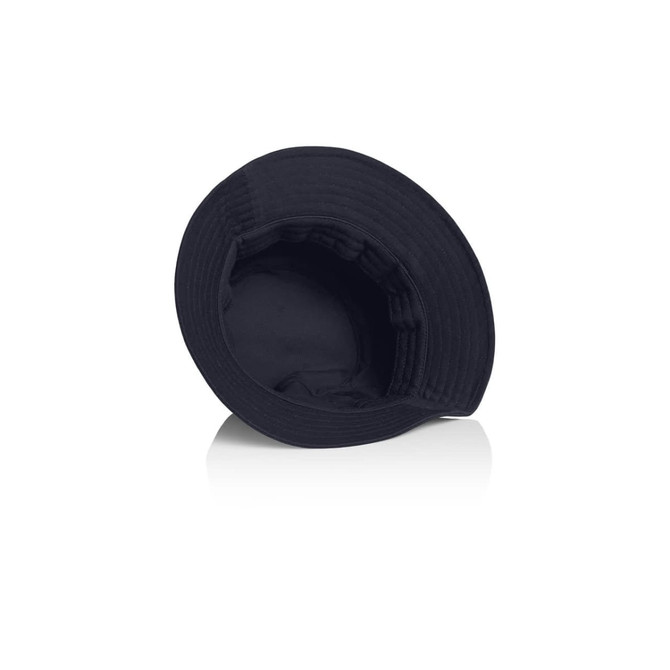 A navy blue kids bucket hat with a wide brim and a circular interior. It features a logo on the inside.