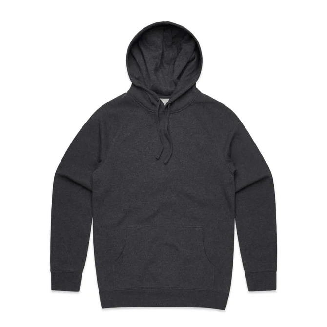 A charcoal grey hoodie featuring a front pocket and a hood, with a logo present.