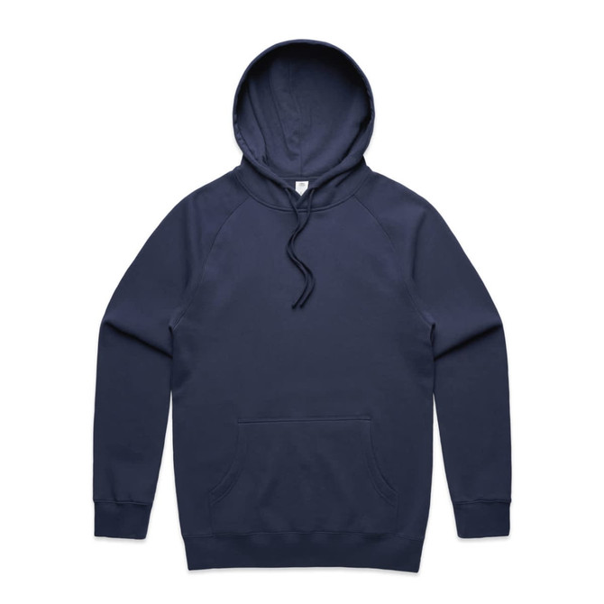 A navy hoodie with a kangaroo pocket and a drawstring hood, featuring a logo. 
