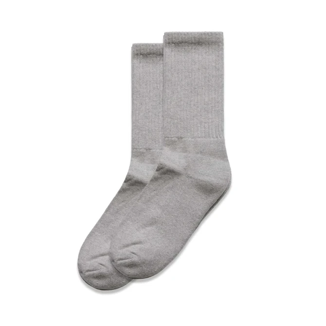 A pair of light grey socks displayed together, featuring a standard ribbed design and no visible branding.