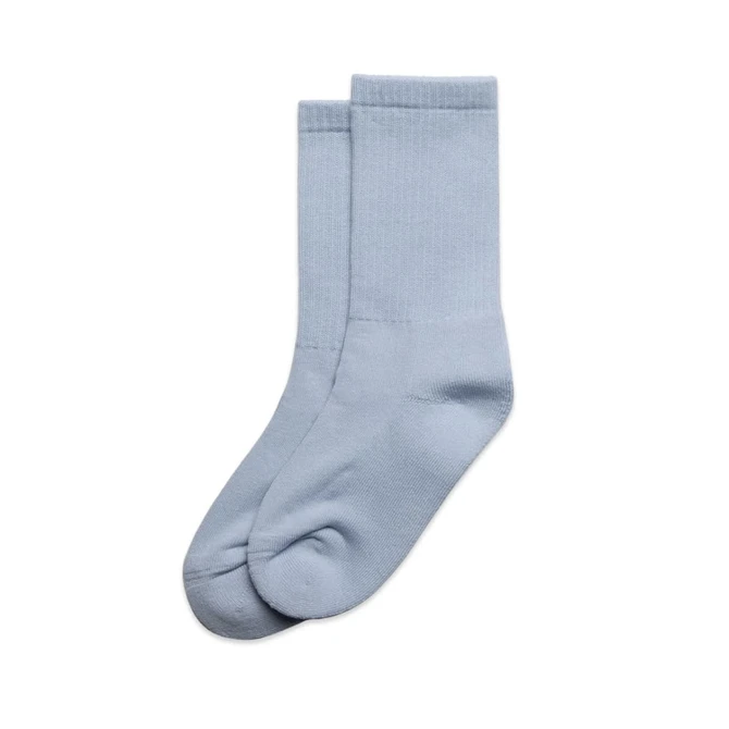 Two pairs of light blue socks, featuring a simple design and ribbed cuffs, displayed together.