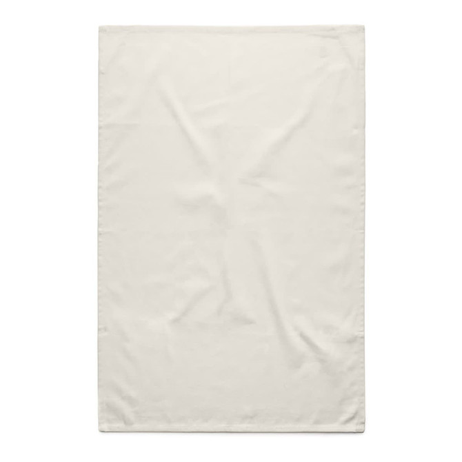 A cream tea towel with a smooth texture, featuring a logo in one corner.