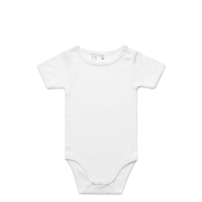 A white organic infant one-piece with short sleeves and a snap closure at the bottom. It features a logo tag.