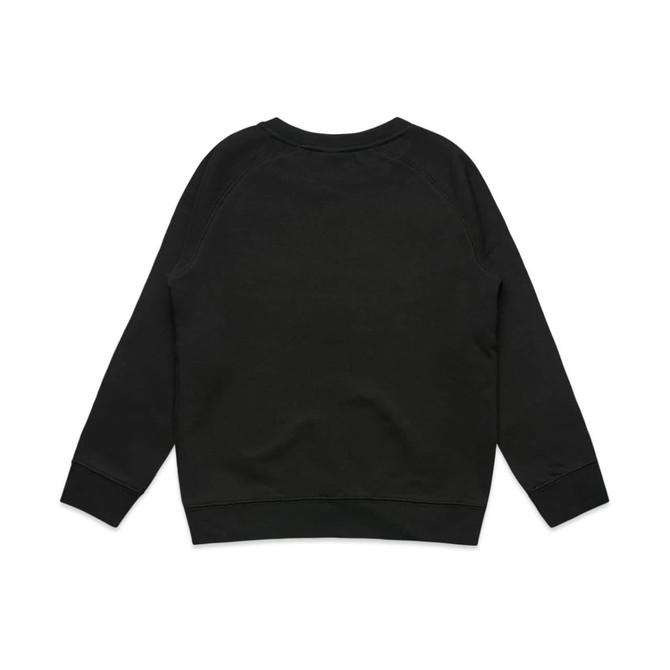 A black jumper featuring a simple design with long sleeves and ribbed cuffs. It has a logo on the back.