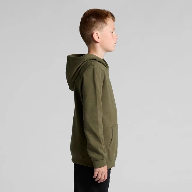 A green hoodie featuring a kangaroo pocket and a hood, displayed on a young model.