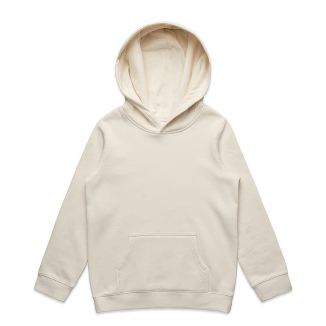 A cream-coloured hoodie featuring a spacious hood and a front pocket. It has a simple design with no visible branding.