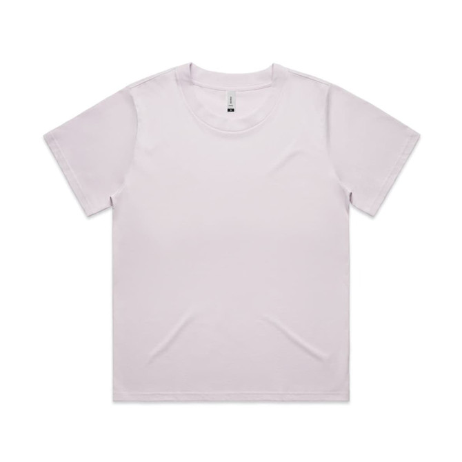 A light pink t-shirt with a round neckline and short sleeves, featuring a logo on the label.