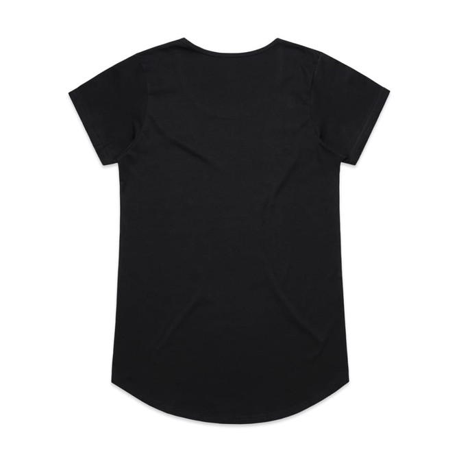 A black t-shirt with short sleeves and a rounded hem, featuring a logo.