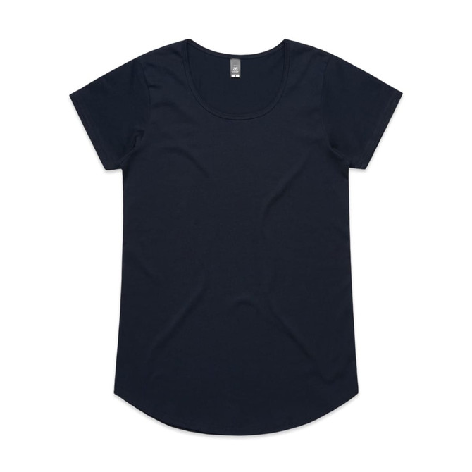 A black women's t-shirt with a round neckline and short sleeves, featuring a logo on the inside label.