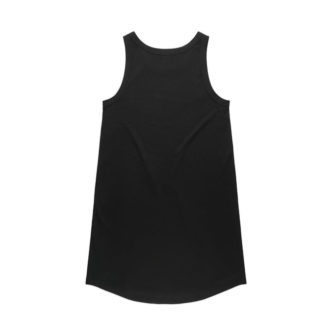 A black sleeveless dress with a slightly curved hemline and a simple design. It features a branding logo.