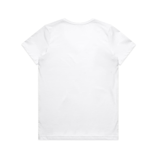 A white V-neck T-shirt with short sleeves, featuring a plain back design and a small logo.