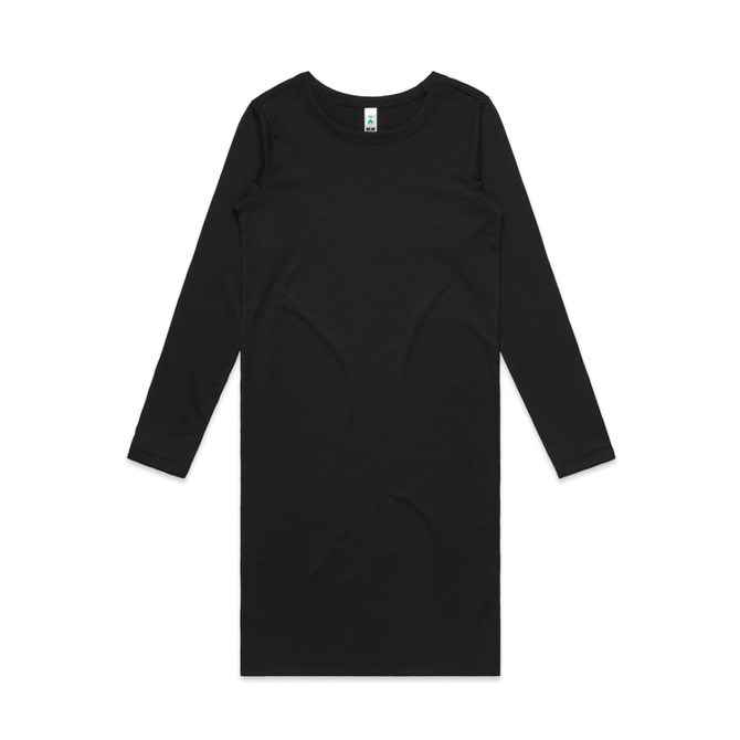 A long-sleeved dress in black, featuring a simple, straight design and a label at the neckline.