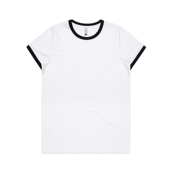 A white T-shirt with black trim around the neckline and sleeves, featuring a logo.