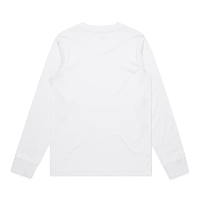 A long-sleeve tee in white with a simple, minimalist design and a small logo.