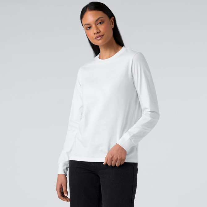 A long-sleeve tee in white, featuring a simple design and a logo on the chest.