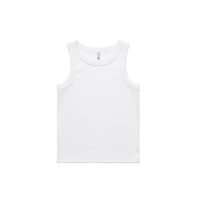 A white rib tank top with wide shoulder straps and a plain design. It features a logo at the neck.
