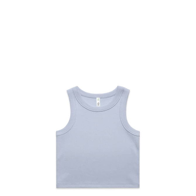 A light blue organic rib crop tank top with a simple design and a branding label.
