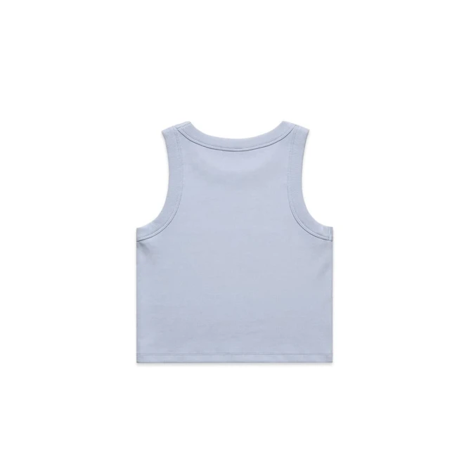 A light blue ribbed crop tank top with a sleeveless design and a logo on the back.