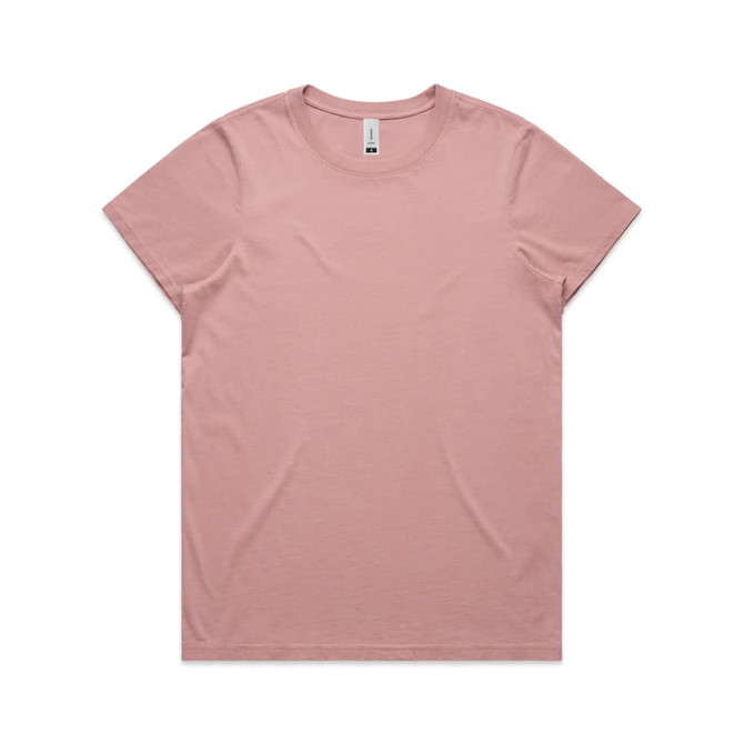 A pink T-shirt with a relaxed fit and a round neckline, featuring a subtle branding logo.