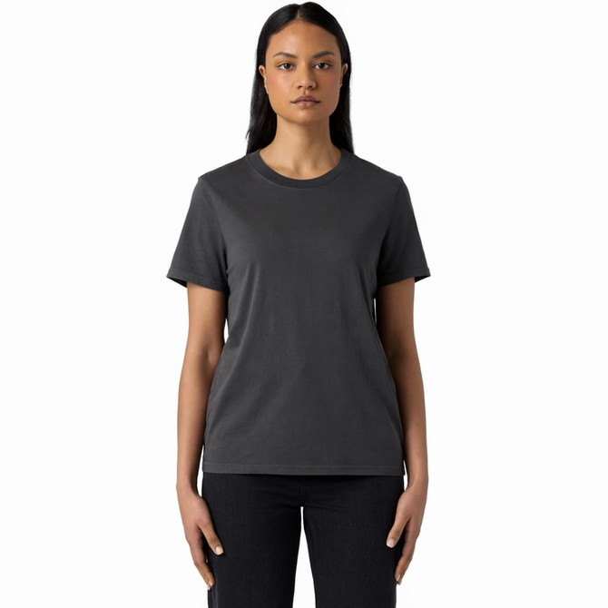 A dark grey T-shirt with a round neckline and short sleeves, featuring a logo.