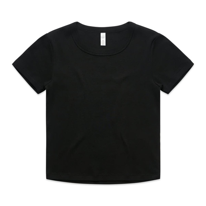 A black baby tee with a rounded neckline and short sleeves. The shirt features a logo on the back.