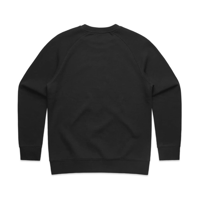A black sweater with a simple, unadorned design and a logo on the back.