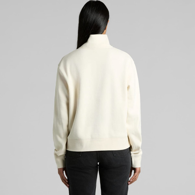 A cream-coloured half zip crew jumper with a relaxed fit, featuring a sleek design and a branding logo.