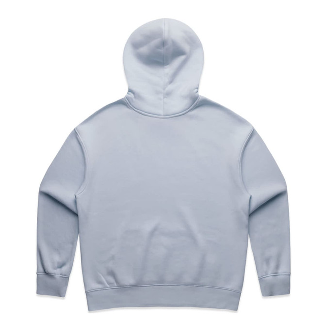 A light blue hoodie with a hood and ribbed cuffs. The back is plain and features a logo.