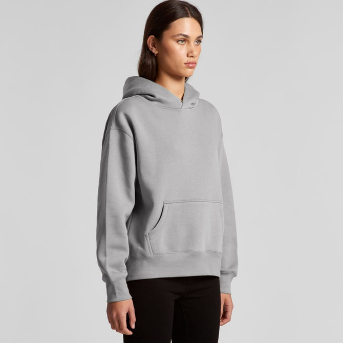 A grey hoodie with a front pocket and a hood, featuring a logo on the chest.
