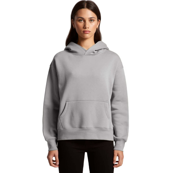 A grey hoodie with a front pocket and a hood, featuring a logo. Model wearing it has long hair.