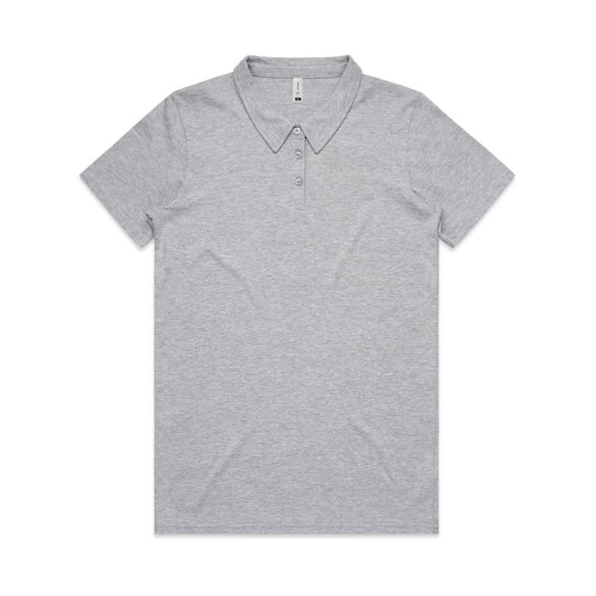 A grey polo shirt featuring a classic collar and button placket, with a branding logo.