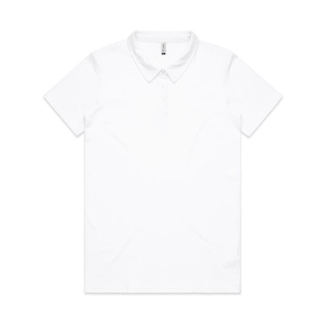 A white polo shirt featuring a classic collar and a logo on the chest area.