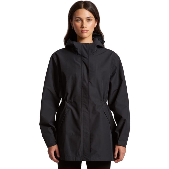 A black soft shell jacket with a hood and drawstring waist. It features side pockets and a logo.