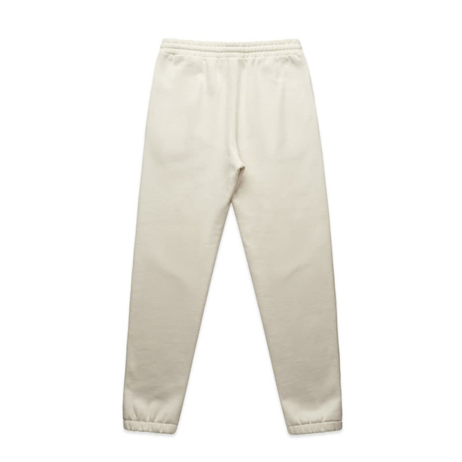 Cream track pants with a comfortable elastic waistband and tapered legs, featuring a logo.