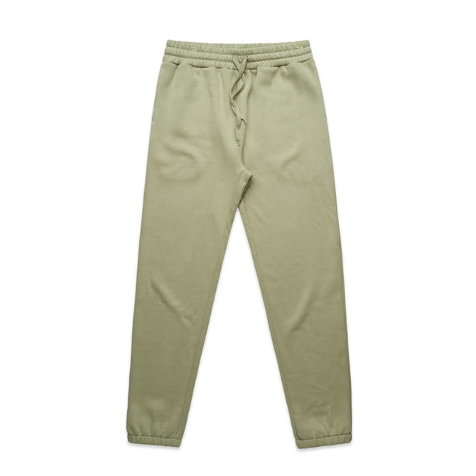 A pair of light green track pants with an elastic waistband and cuffs. The pants feature a simple, slim design.