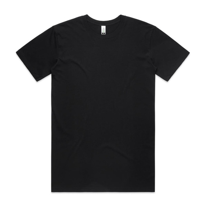 A black organic t-shirt with a classic crew neck. The shirt features a branding label inside the neckline.
