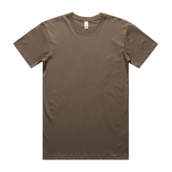 A khaki-coloured organic cotton t-shirt with short sleeves, featuring a logo on the label.